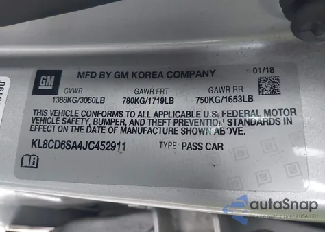 2018 Chevrolet Spark 1Lt Cvt z USA, uszkodzony, nr VIN KL8CD6SA4JC452911